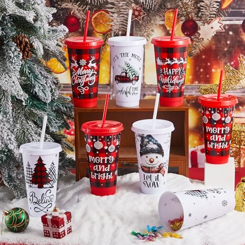 Christmas Plastic Cups with Lids & Straws - 24 oz Red & Black Plaid Set with Holiday Designs - Stylish Variation