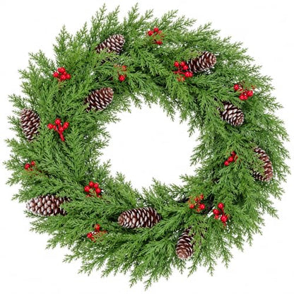 24 Inch Cedar Christmas Wreath with Red Berries & Snow-Frosted Pine Cones - Indoor Outdoor Holiday Decor