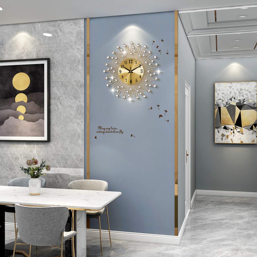 YIJIDECOR Large Wall Clocks for Living Room Decor Modern Gold Silent Wall Clock Battery Operated Non-Ticking for Bedroom Kitchen Home Decorative 14 Inch Round Metal Crystal Wall Watch for Office