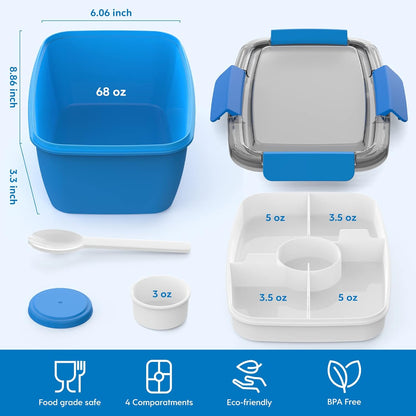 Cherrysea Salad Lunch Container Set - 68oz Leak-Proof Bowls with 4 Compartments & Fork - Blue