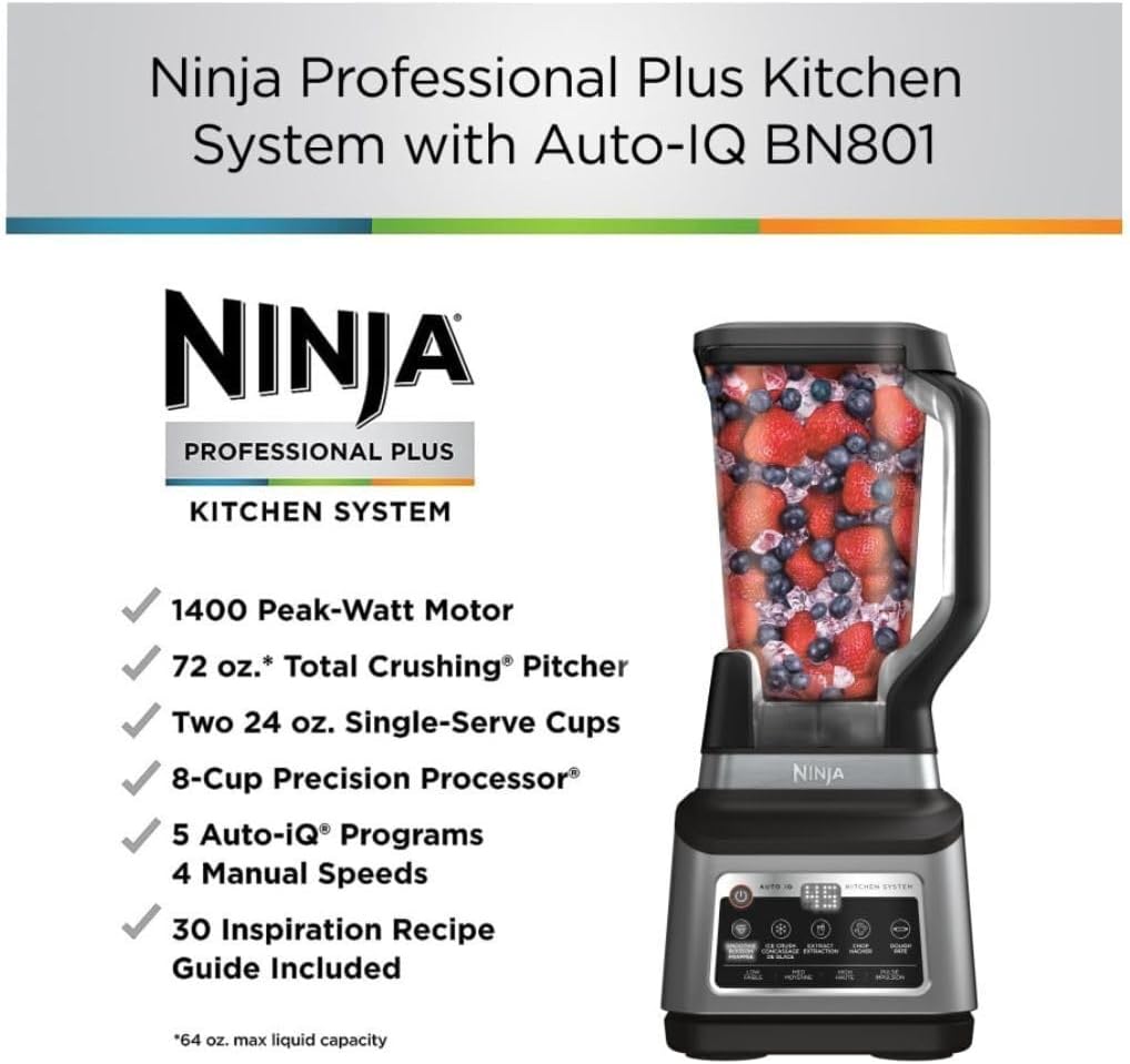 Ninja BN801 Professional Plus Kitchen System - 1400W Auto IQ Technology | Gray (Renewed)