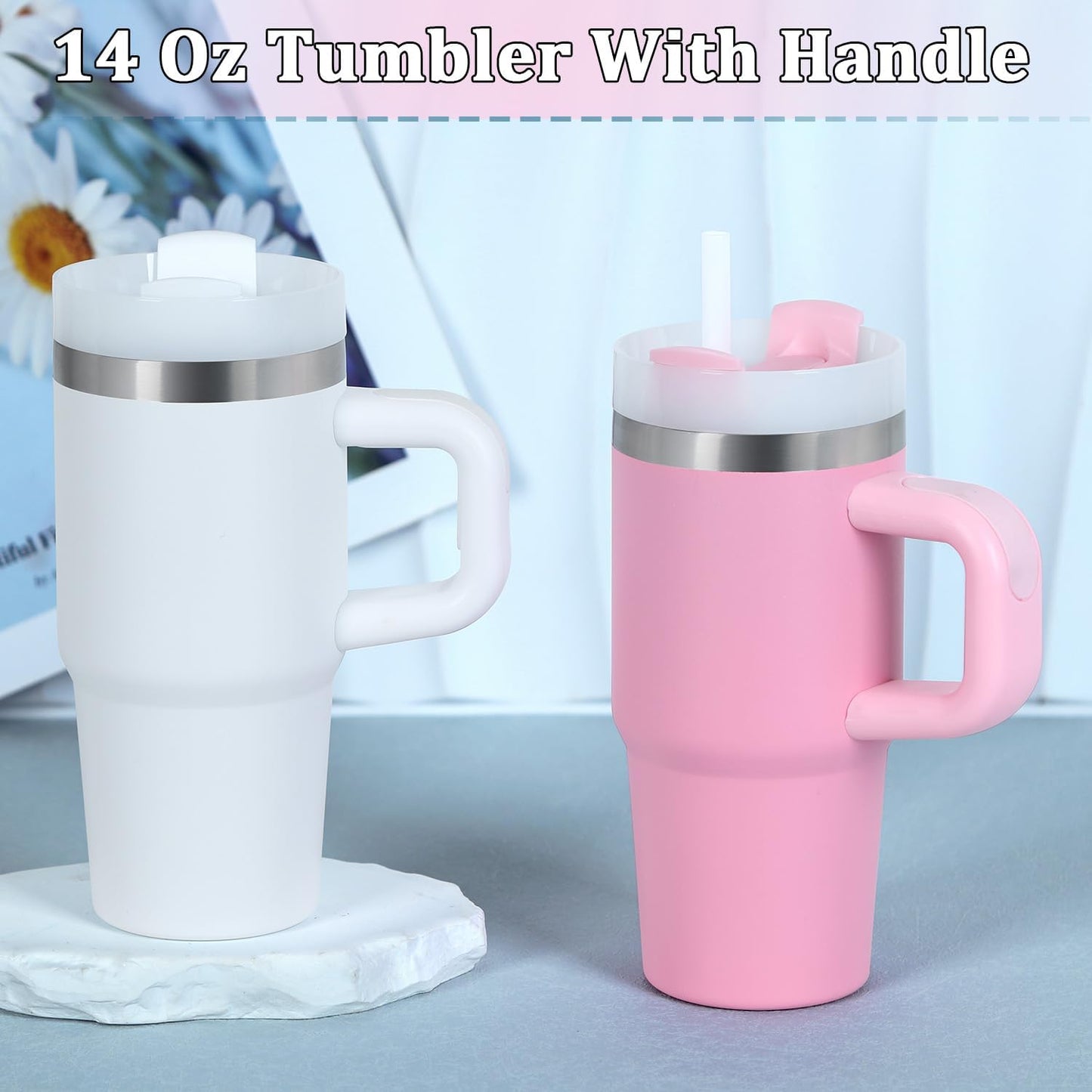 Skiennix 14 Oz Stainless Steel Tumbler - Vacuum Insulated with Handle & Straw | Pink Kids' Cup
