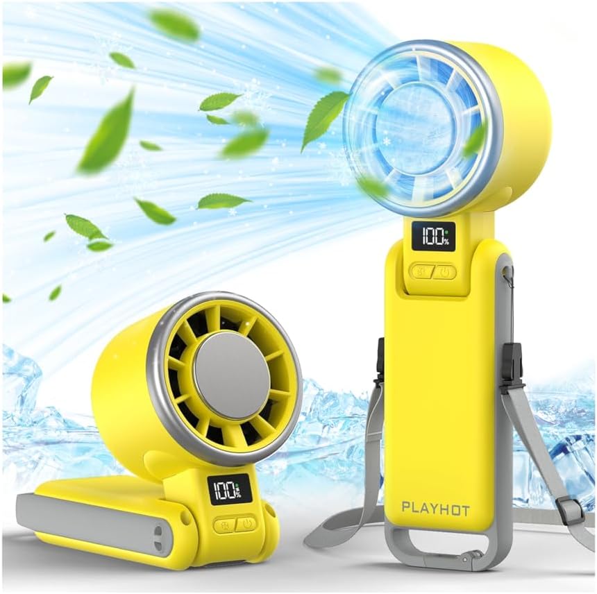 PlayHot Portable Handheld Turbo Fan - Rechargeable Ice Cooling Fan with 5 Speeds | Up to 12 Hours of Use (Yellow)