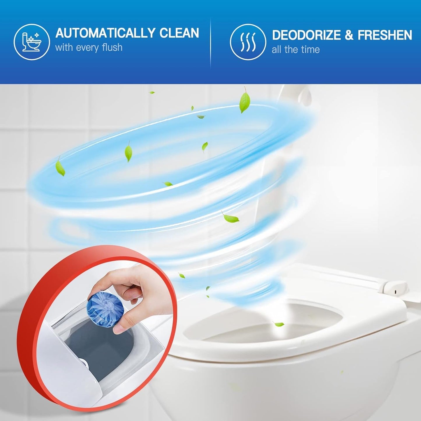 Vacplus Automatic Toilet Bowl Cleaner Tablets, Drop-In Tank Cleaner for Bathroom, Prevent Stains & Deodorize, Long-Lasting Cleaning Tabs, Easy-Use Freshener for Bowl & Tank, 12 Pack