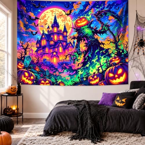 Halloween Blacklight Tapestry Glow-in-The-Dark Wall Hanging Decor - Spooky Pumpkin Scarecrow 90"x70"