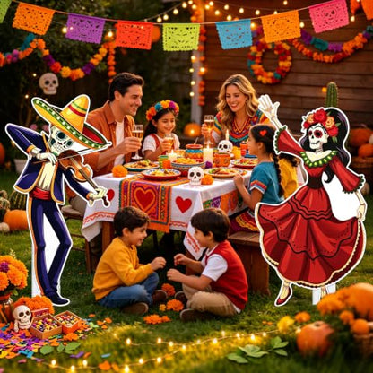 Vibrant Day of The Dead Cardboard Cutouts - Indoor & Outdoor Decor Set