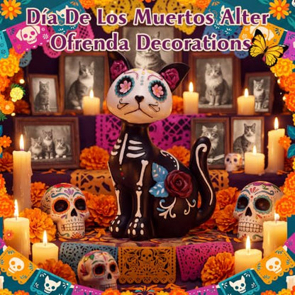 Large Día de Los Muertos Skeleton Cat Statue Halloween Garden Decor