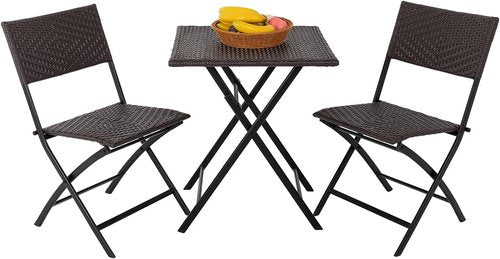 FDW Patio Furniture - 3 Piece Folding Rattan Chair Set | No Assembly Outdoor Conversation Set - Brown