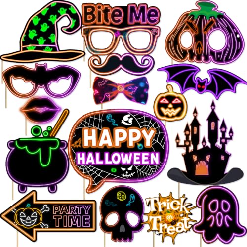 Neon Halloween Photo Booth Props Set - 16 Vivid Fluorescent Party Decorations