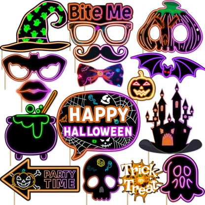 Neon Halloween Photo Booth Props Set - 16 Vivid Fluorescent Party Decorations