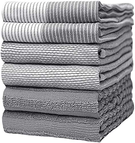 Premium Kitchen,Hand Towels (20”x 28”, 6 Pack) Large Cotton, Dish, Flat & Terry Towel Highly Absorbent Tea Towels Set with Hanging Loop Gray