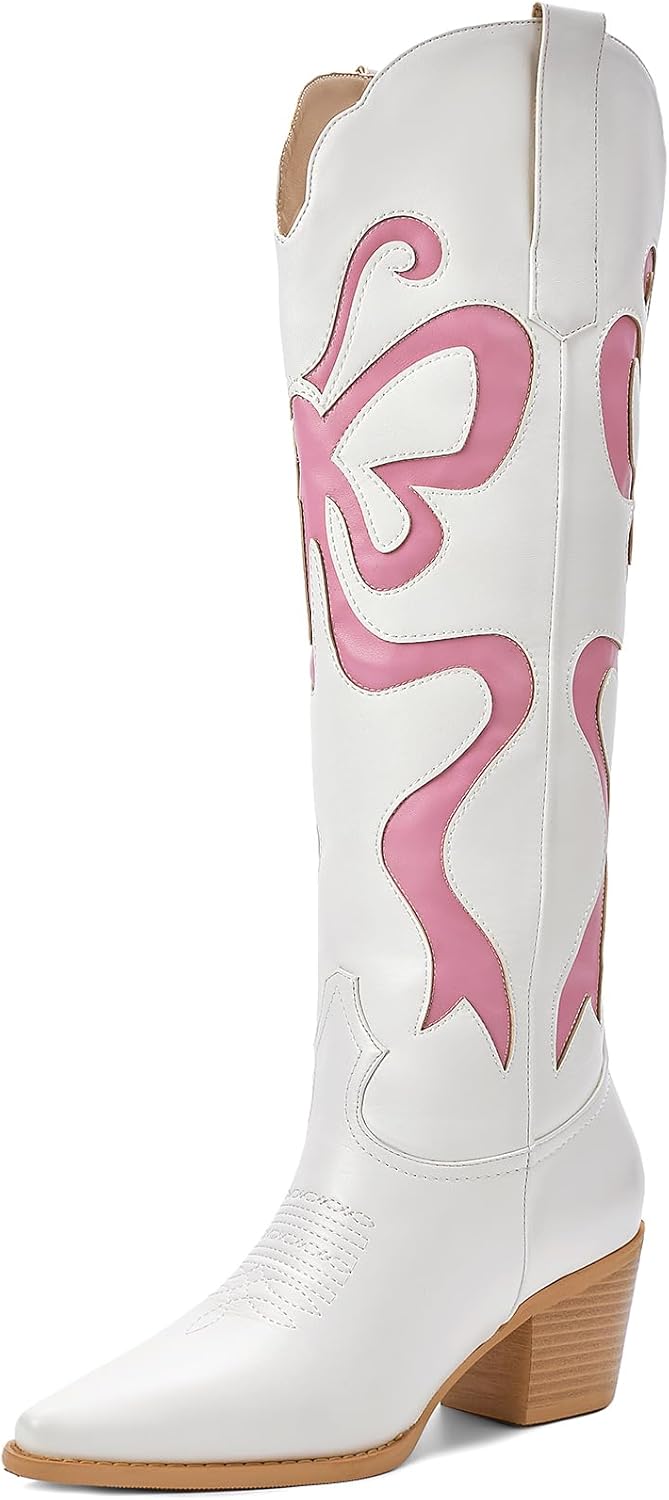 Skiennix Cowgirl Boots - Women's Knee-High Cowboy Boots with Colorful Bow Embroidery | White, Pointed Toe, Chunky Heel