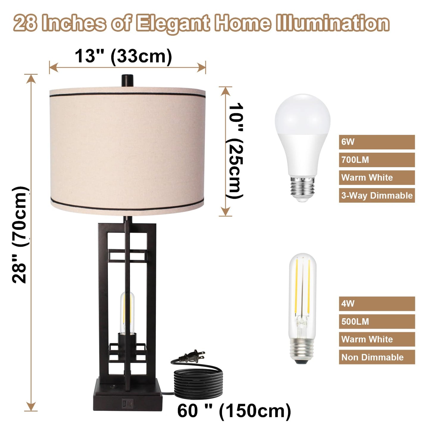 LTBLIGHT 28" Tall Table Lamps Set of 2, 3-Way Dimmable Touch Lamp with 2 USB Charging Ports, Large Farmhouse Table lamp with 2-Light Design, Ideal for Living Room, Office, Hotel, Bulbs Included