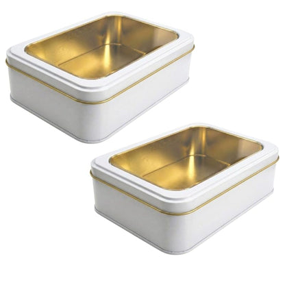 Variation of THIS listing: White Pearl 2 Pack Rectangular Cookie Tins with Clear Lid - 7.25 x 5.25 x 2.25 in