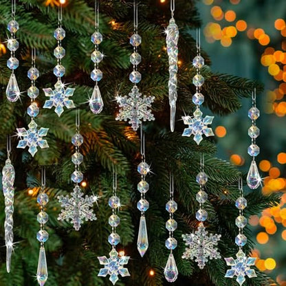 Iridescent Christmas Tree Ornaments Set - 80pcs Snowflake & Icicle Shapes
