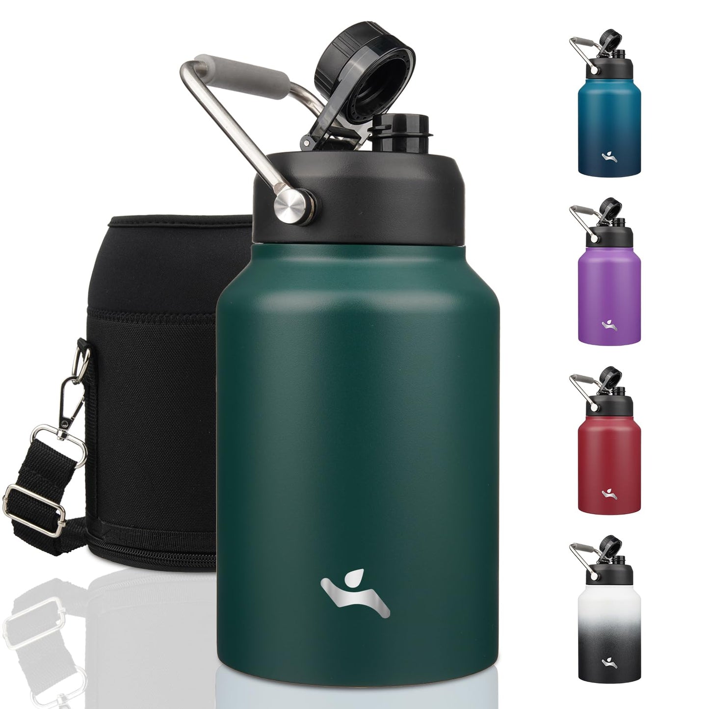 Half Gallon Jug with Handle,64oz Insulated Water Bottle with Carrying Pouch,Double Wall Vacuum Stainless Steel Metal Bottle,Dark Green