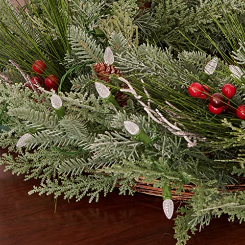 18-Inch Pre-lit Christmas Wreath with Battery-Operated LED Lights, Flocked Branches — Indoor & Outdoor Decor