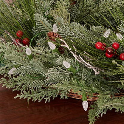 18-Inch Pre-lit Christmas Wreath with Battery-Operated LED Lights, Flocked Branches — Indoor & Outdoor Decor