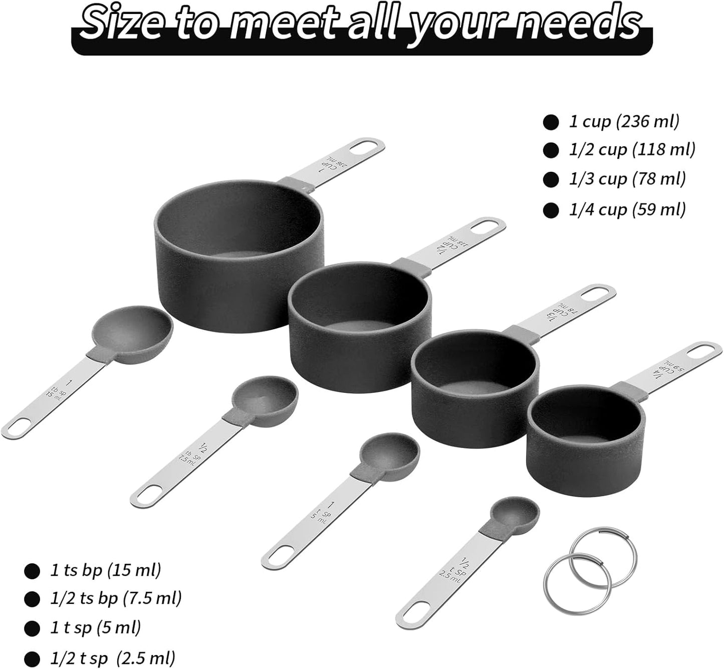 Skiennix Measuring Cups Set - Nesting Stainless Steel Handle for Dry & Liquid Ingredients | Black