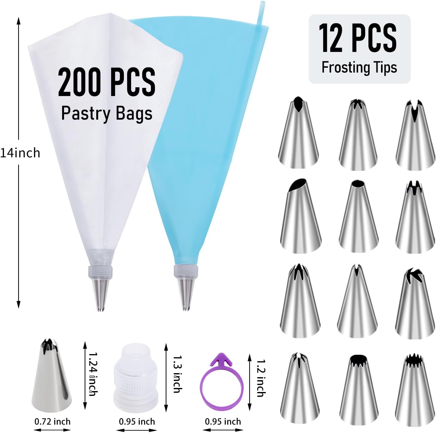 Skiennix 200-Pc Piping Bags and Tips Set - 12-Inch Disposable Pastry Bags with 12 Frosting Tips & 2 Couplers
