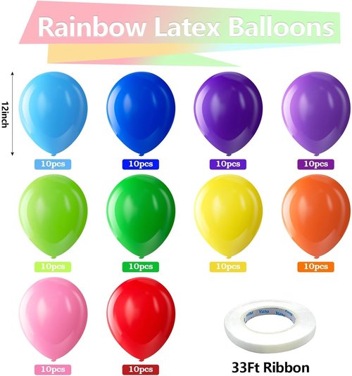 Bezente Rainbow Latex Balloons - 100 Pack of 12-Inch Bright Helium Balloons for Parties & Events