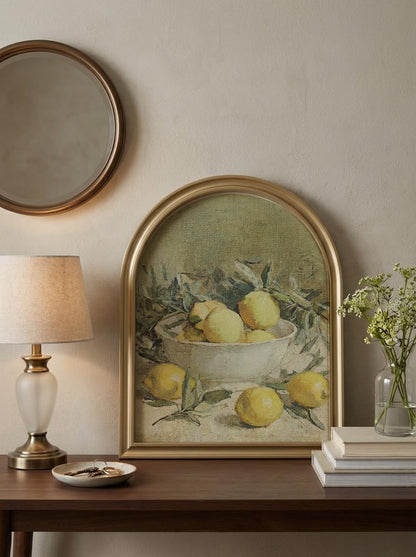 TwoDays Vintage Rustic Lemon Wall Art - Gold Arched Wood Frame Canvas Picture for Kitchen & Dining Room (11" x 13.8")
