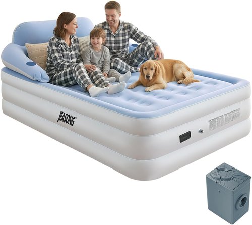 JEASONG Queen Air Mattress - 20" Raised Inflatable Bed with Built-in Pump & Headboard | Portable for Camping & Guests