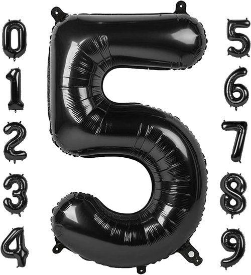 Balloon Numbers - 40 Inch Black Number Balloons for 5th Birthday & Wedding Decor | Set of 5