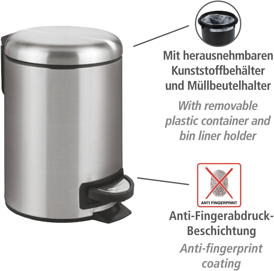 WENKO Stainless Steel Small Trash Can - 0.79 Gal Bathroom Garbage Bin with Lid & Pedal | Easy Close Design