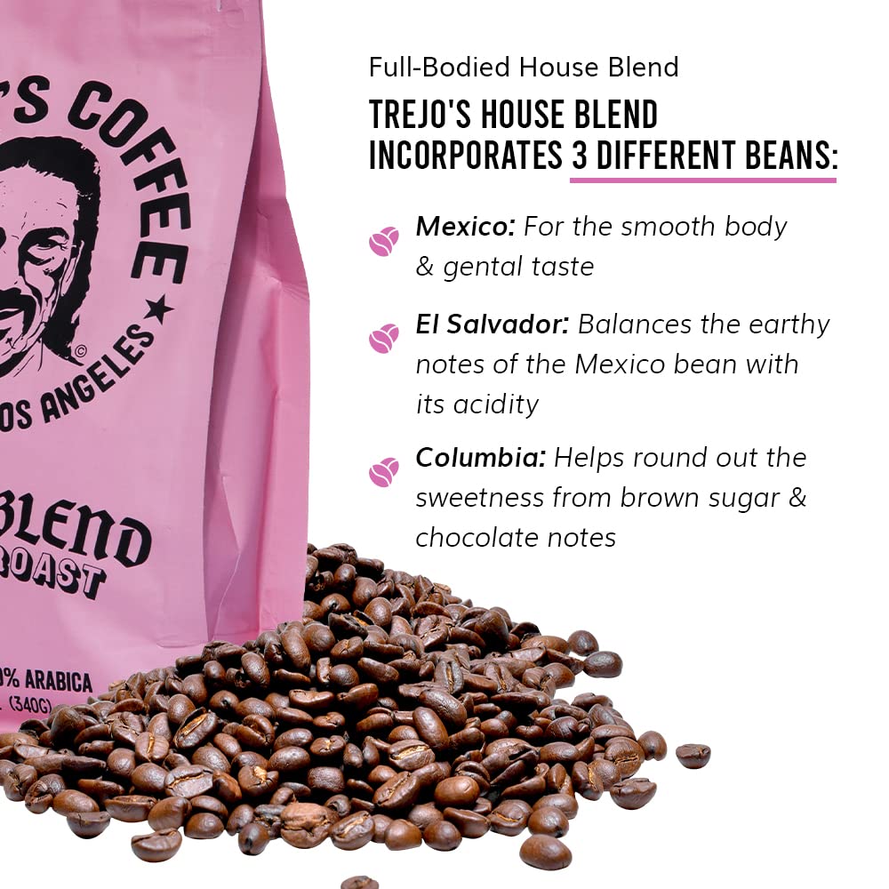 Trejo's Coffee House Blend Medium Roast Whole Bean Coffee, 12 Ounce Bag, 100% Arabica