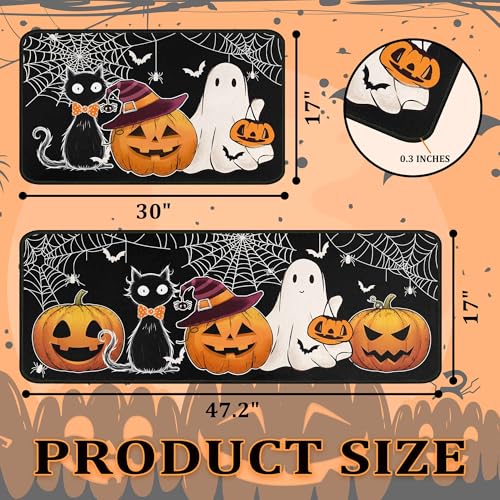 Halloween Kitchen Rugs Set of 2 - Non Slip Pumpkin Cats Ghosts 17x47.2 +17x30 Inches