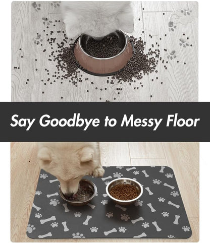 MontVoo Dog Food Mat - Quick Dry Pet Feeding Mat for Messy Drinkers | 12" x 19" Dark Grey