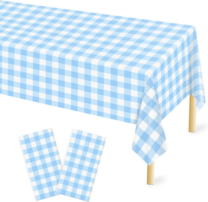 Skiennix Light Blue Checkered Tablecloth - Waterproof Disposable Plastic Cover | 54" x 108" for Picnics & Parties