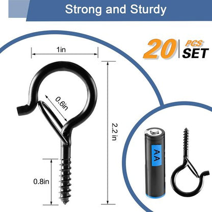 ADIIL Q Hanger Hooks - 20 PCS Windproof Screw Hooks with Safety Buckle for Outdoor String Lights | 2.2 Inches, Black
