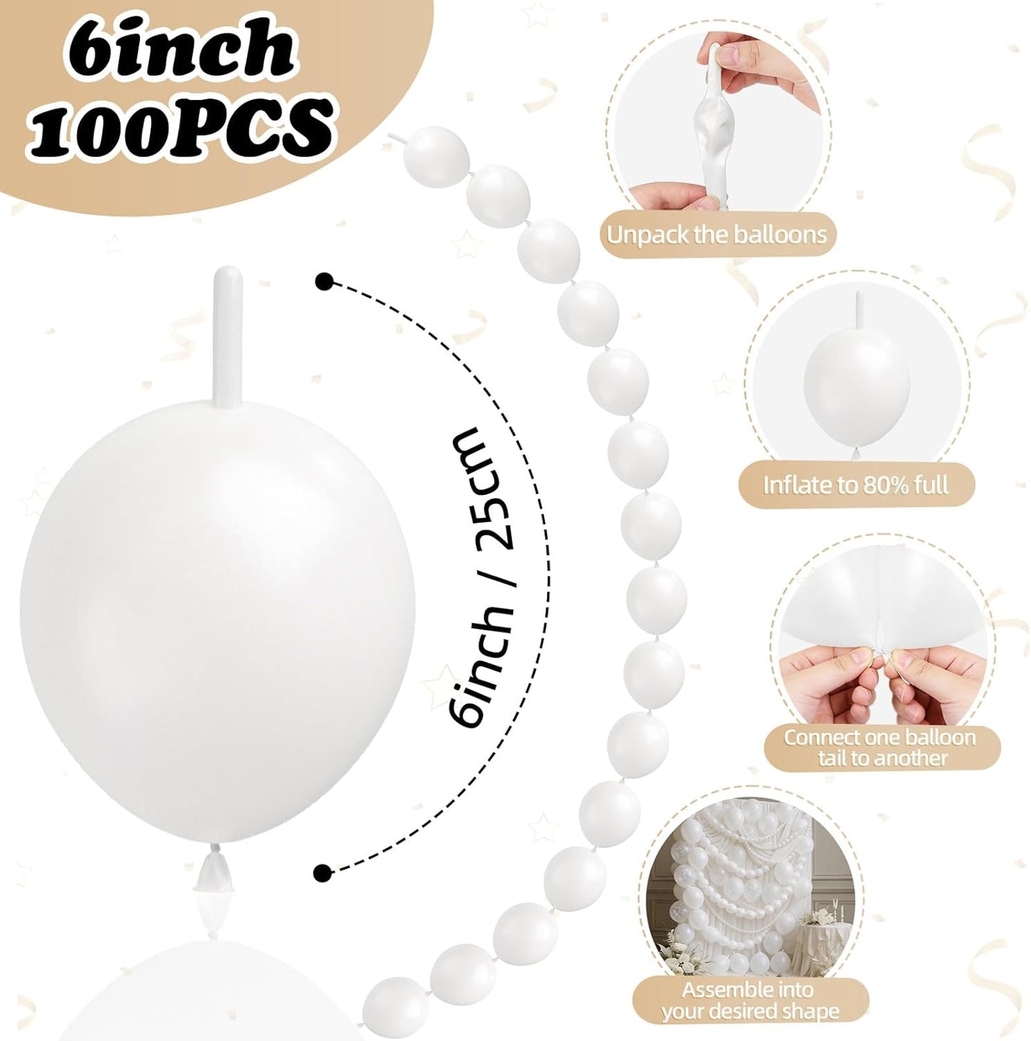 Skiennix White Linking Balloons - 100pcs 6 Inch Quick Link Balloons for Wedding & Party Decor