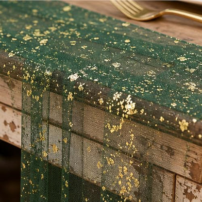 Green Gold 10FT Sequin Sheer Table Runner for Wedding & Party Decor - Green / 28x120 Inches