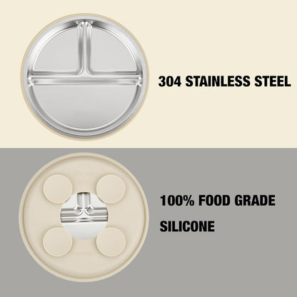 PandaEar Stainless Steel Baby Suction Plates - Divided Toddler Feeding Set | Dishwasher Safe (Blue/Green/Brown)