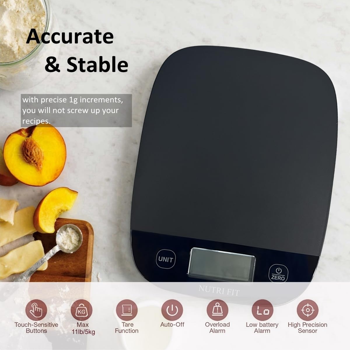 NUTRI FIT Digital Kitchen Food Scale - Accurate Weight Measurement for Baking & Meal Prep | Ultra Slim Black