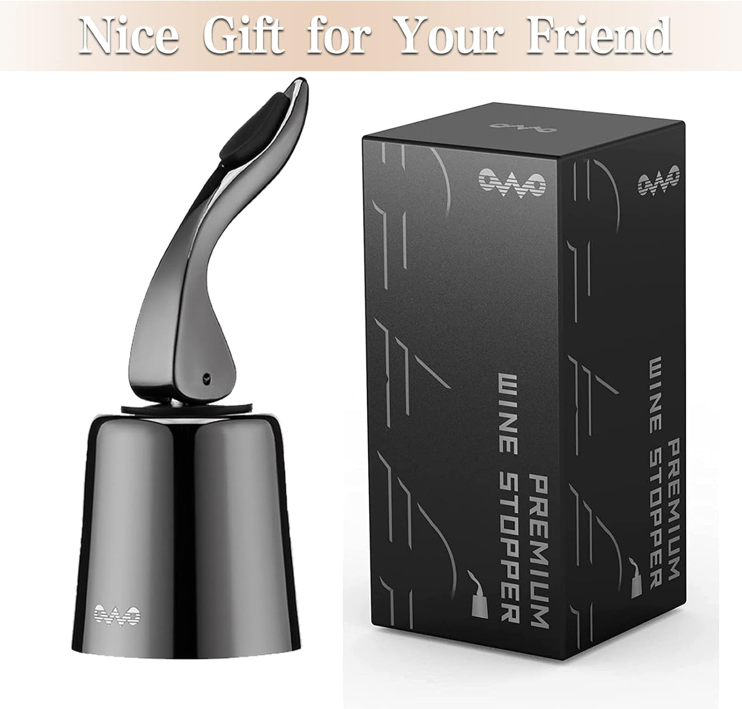OWO Stainless Steel Wine Bottle Stopper, Reusable Wine Saver with Silicone Seal, Decorative Bottle Sealer, Keeps Fresh（Metal Black, 1 Pack)