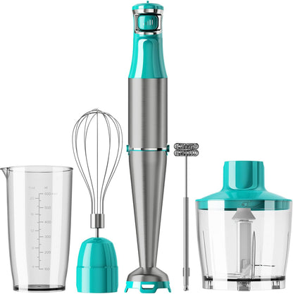 Skiennix Immersion Blender - 1100W Handheld Stick Mixer with Variable Speed, Chopper, Whisk & Frother - Cyan Blue