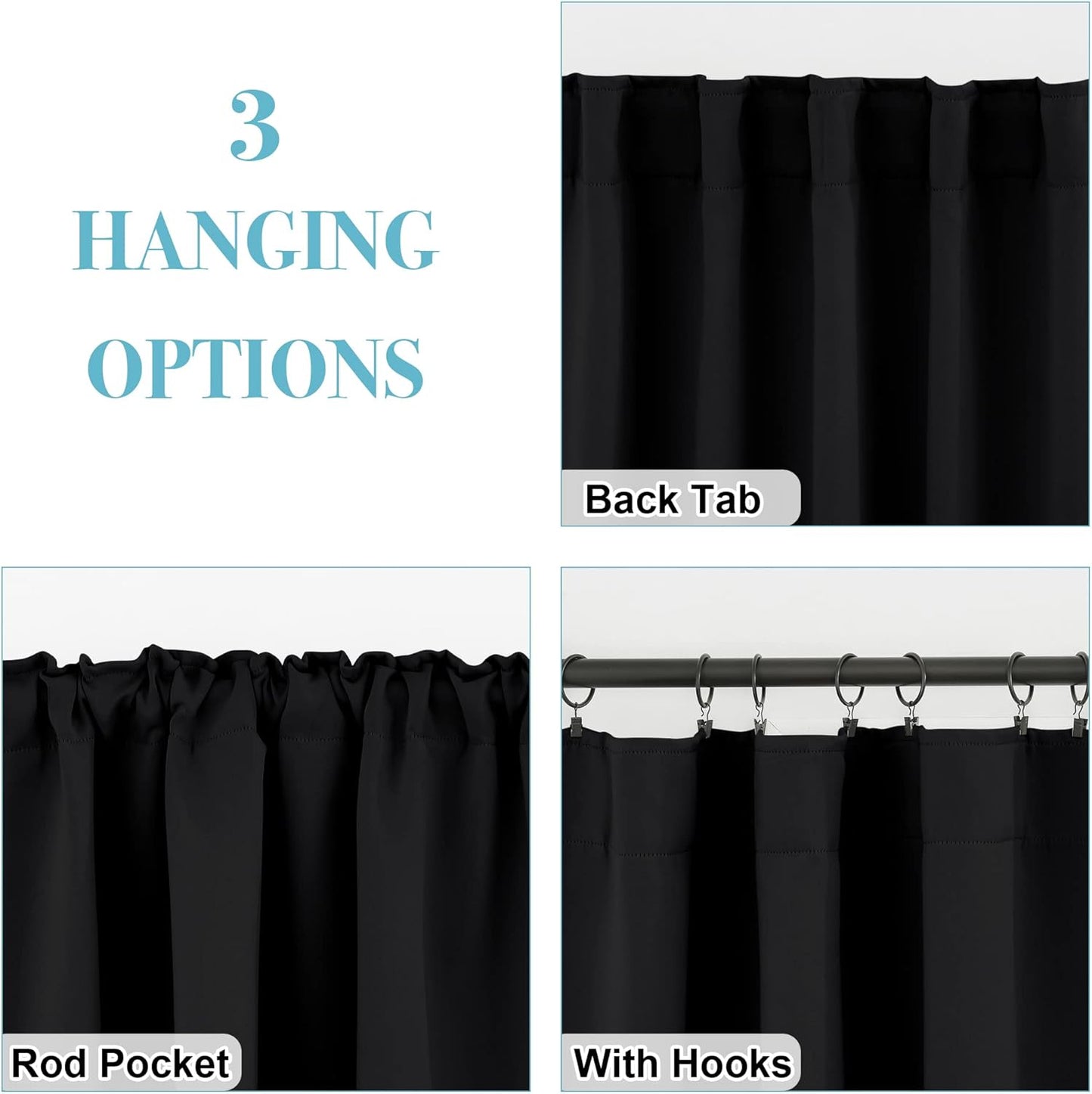 RYB HOME Blackout Curtains - Energy Saving Thermal Insulated Drapes for Small Windows | 42" x 45", Black, 2 Panels