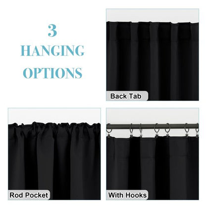 RYB HOME Short Bedroom Blackout Curtains - Small Window Treatment Set Energy Saving Thermal Insulated Drapes for Living Room/Nursery/Kitchen, 42-inch Wide x 45-inch Long, Black, 2 Panels