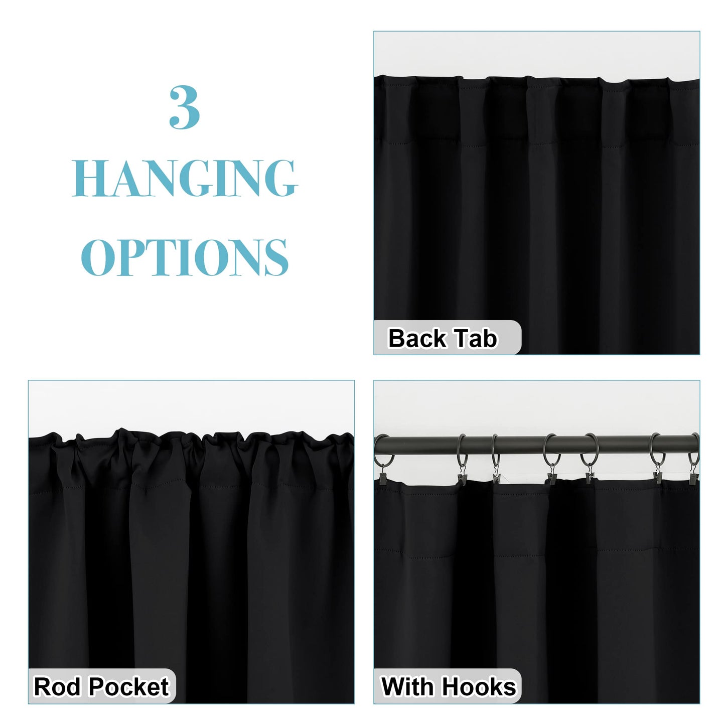 RYB HOME Short Black Curtains for Bedroom, Blackout Thermal Insulated Curtains and Drapes Small Window Treatment Privacy Shades for Kitchen Farmhouse Closet, W42 x L63 inch, 2 Panels