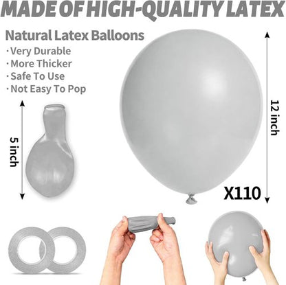 110pcs Grey Latex Balloons - 12 Inch Balloons for Birthday Parties, Baby Showers & Weddings