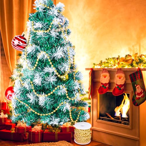 50ft Gold Christmas Beads Garland for Holiday Decor - Artificial Pearl Trim