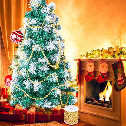 50ft Gold Christmas Beads Garland for Holiday Decor - Artificial Pearl Trim
