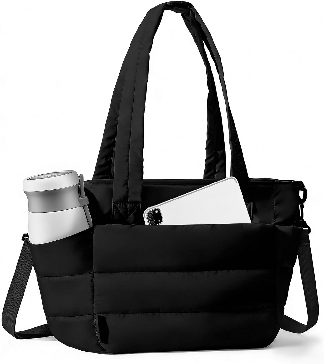 Wdmiya Insulated Lunch Bag - Lightweight Quilted Tote with Lunch Compartment & Cup Holder | Black