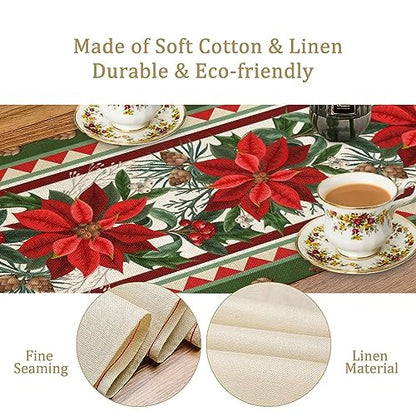 Christmas Table Runner 13x36 Inch Red Green Poinsettia Holly Pattern Holiday Decor W13"xL36"