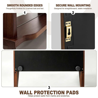 Arched Wall Mirror with Shelf - 24 x 37.4 Inch Walnut Wood Frame, Tempered Glass