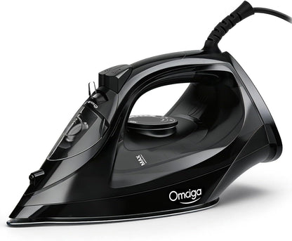 OMAIGA Steam Iron - 1500W Rapid Heating Iron with Non-Stick Soleplate & Auto-Off | Black